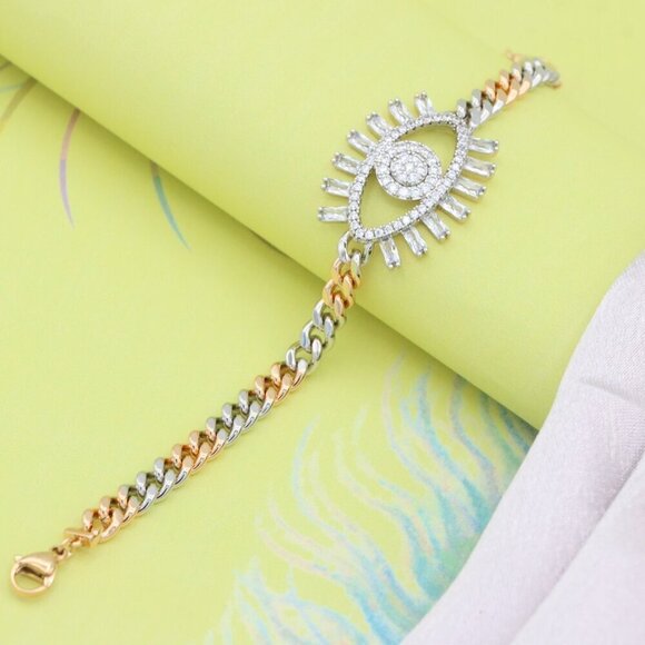 Sparkling Eye Charm Rose Gold and Silver Bracelet for Stylish Look, XPBL0646 - Picture 3 of 12